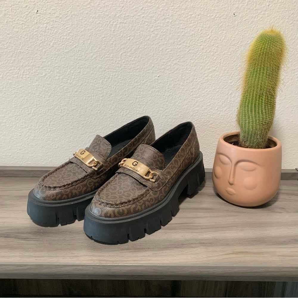 Chunky Brown Loafers with Black Soles G by Guess